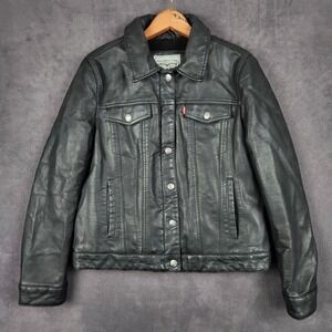 Levis Sherpa Lined Faux Leather Trucker Jacket Womens Large Black Snap‎ Up Moto
